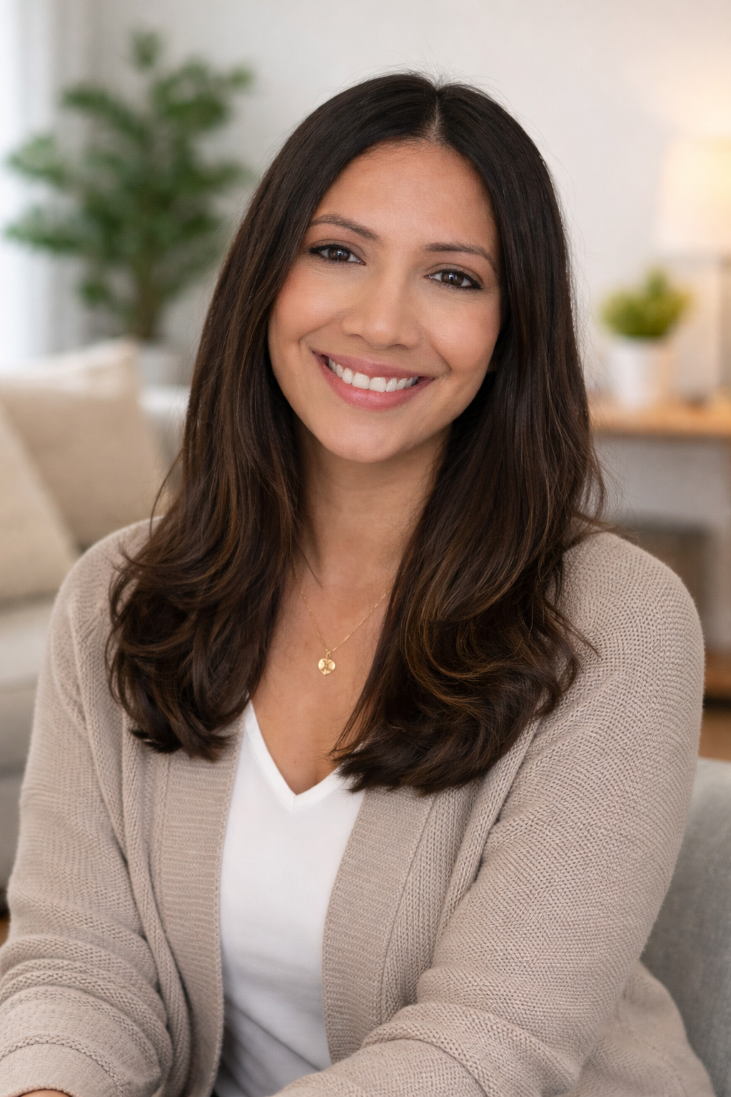 Portrait of a smiling woman with long dark hair, wearing a beige sweater and white top, sitting in a cozy living room with plants and neutral decor.