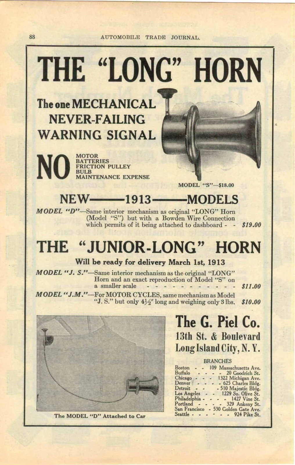 Advertisement for the 'Long' Horn, a mechanical warning signal from G. Piel Co., featuring models 'D,' 'J. S.,' and 'J. M.' and a drawing of the horn attached to a car.