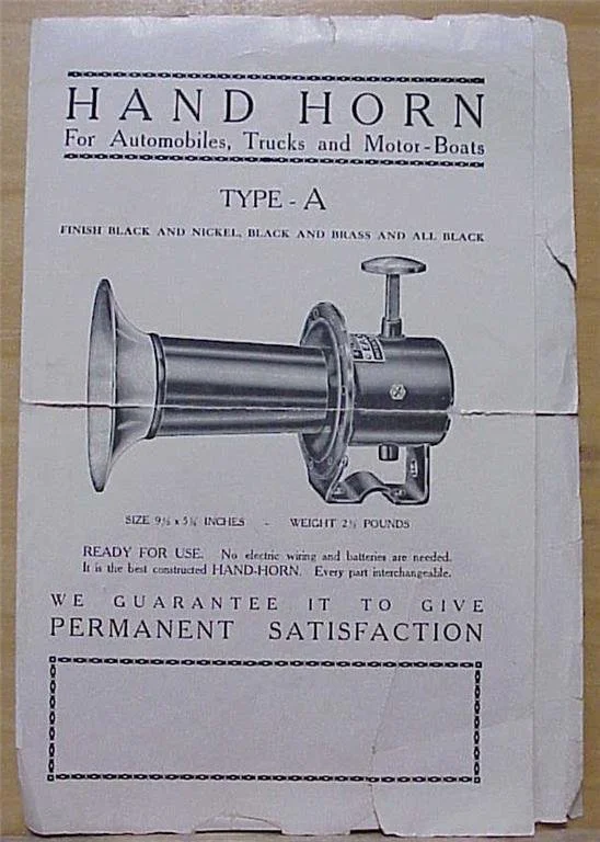 Vintage advertisement for a metal hand horn designed for automobiles, trucks, and motorboats, Type A, showing a black and nickel finish, size 9 1/2 by 5 1/2 inches, weighing 2 pounds.