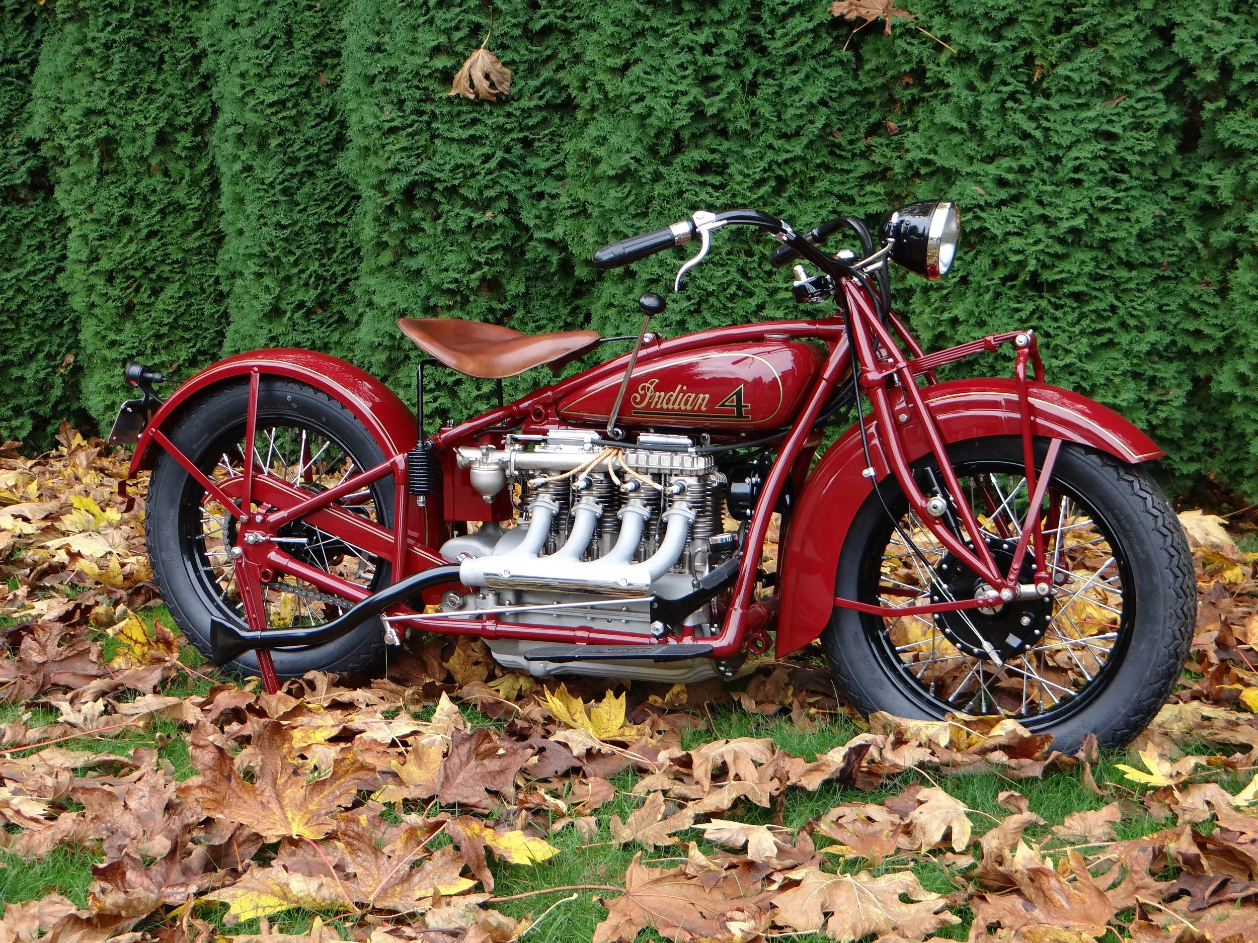 Vintage red Indian motorcycle with a brown leather seat, black tires, and chrome exhaust pipes, parked on a bed of fallen autumn leaves in front of a green hedge.