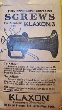 Instruction sheet with a diagram of a screw attachment for a Klaxon-3 horn, showing parts labeled A, B, and C, and instructions for attaching and adjusting the screw.