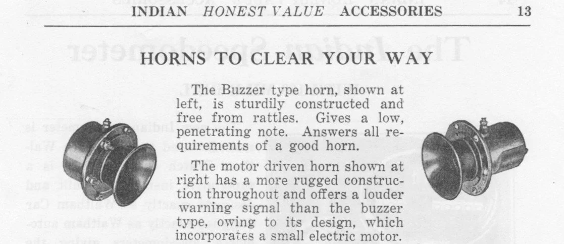 Page from a vintage catalog showing two different types of Indian horn accessories, with descriptions emphasizing construction, sound, and features.