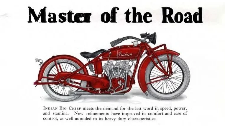 Vintage red Indian motorcycle with the text 'Master of the Road' above it and a paragraph about its features below.