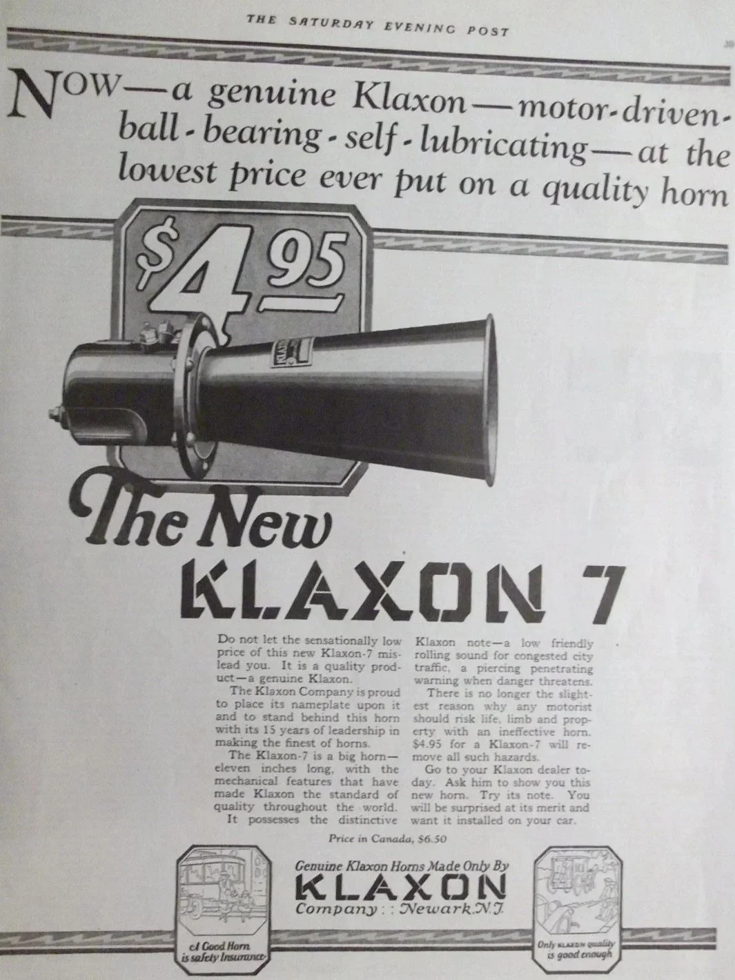 Vintage black-and-white advertisement for the Klaxon-7 horn, priced at $4.95, highlighting its features and benefits in American English.