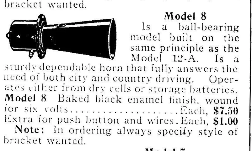 Black and white advertisement for Model 8 ball-bearing horn, similar to Model 12A, with detailed specifications and pricing.