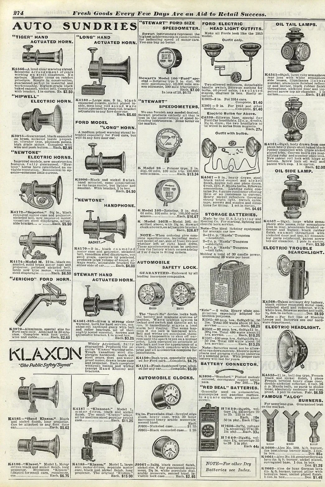 Old black-and-white catalogue page titled 'Auto Sundries' featuring various automotive horns, speedometers, headlights, lamps, batteries, and other car accessories with detailed descriptions and prices.