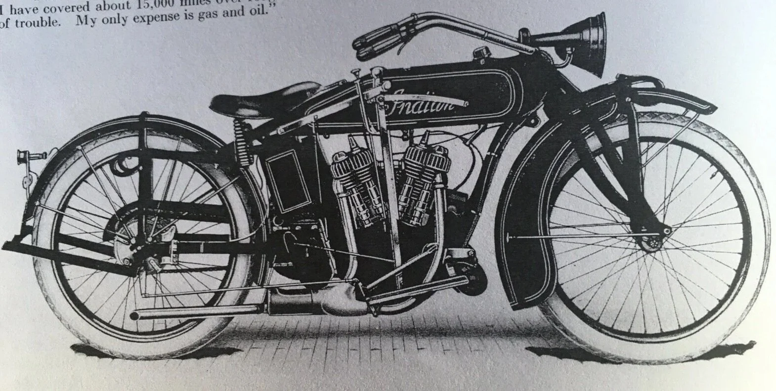 Vintage motorcycle with a large front wheel and a smaller rear wheel, hydroplane design, with the word "Flautom" on the fuel tank, black and white illustration.