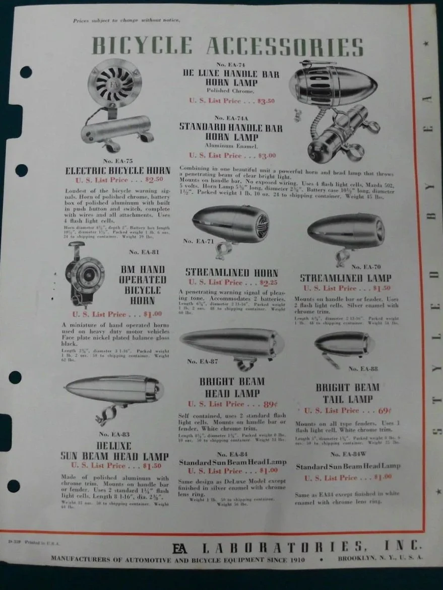 Advertisement for various bicycle accessories including handlebar horn lamps, streamlines horns, head lamps, and tail lamps with descriptions and prices.