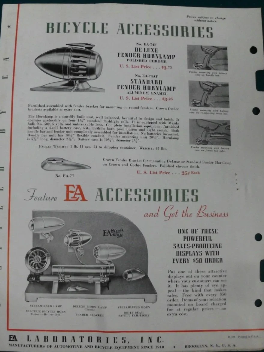 A vintage advertisement for bicycle accessories featuring different types of horn lamps and a display of various bicycle lighting products.
