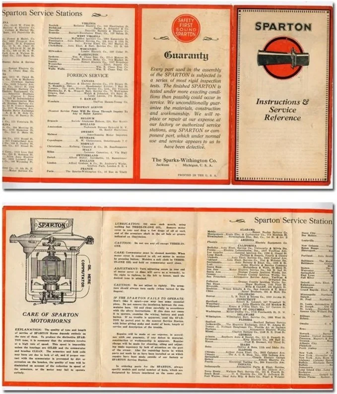 Vintage Sparton service station booklet open to pages detailing maintenance instructions, guarantees, and listing service stations across various states.