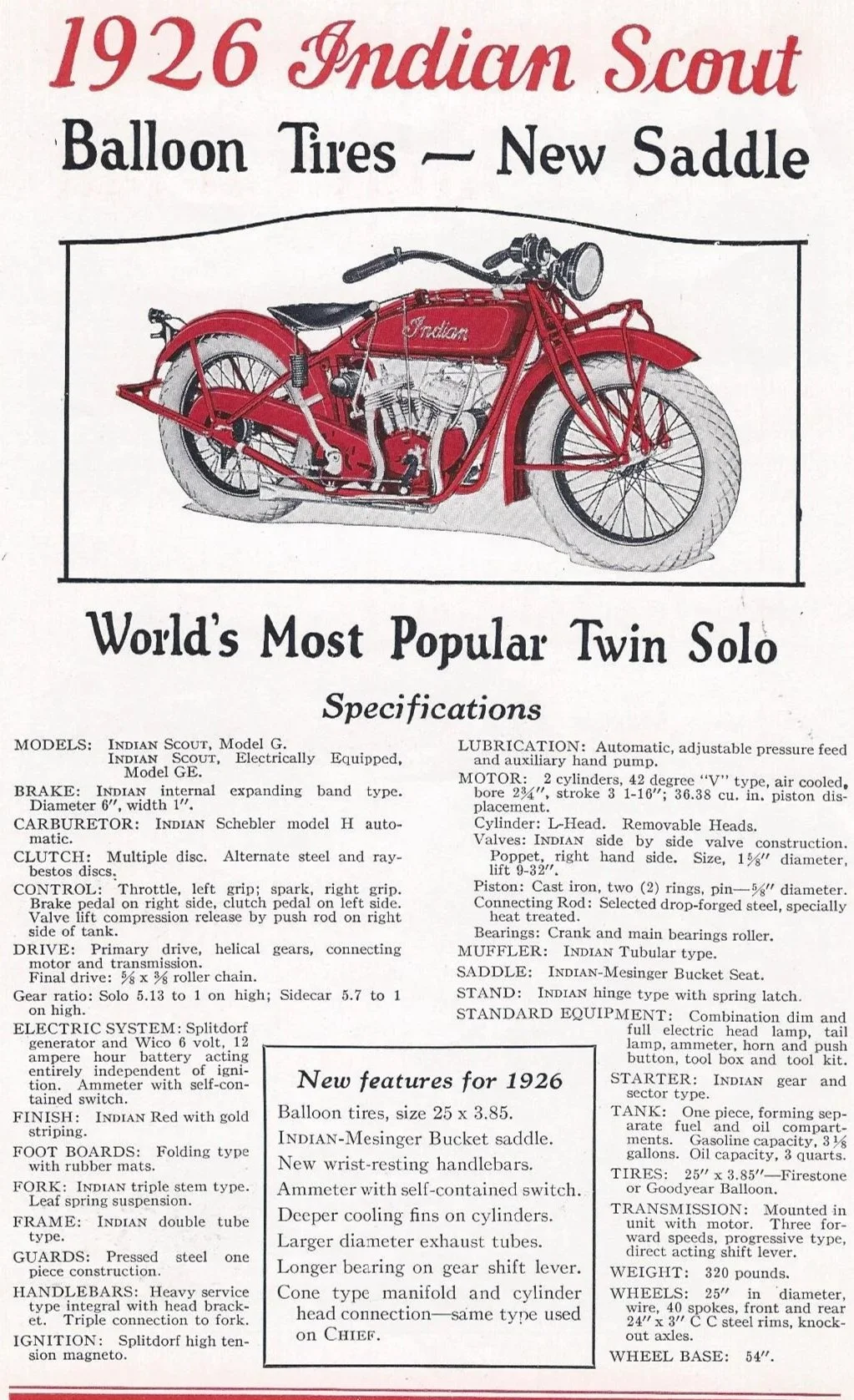 A vintage 1926 Indian Scout motorcycle advertisement featuring a red motorcycle with specifications for balloon tires, new saddle, and various technical features.