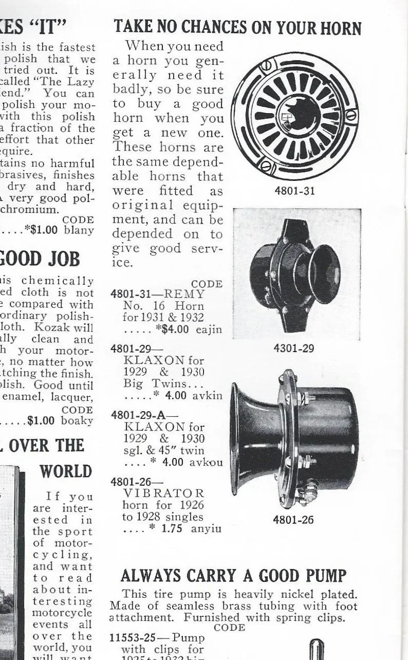 A vintage advertisement page for motorcycle parts including horn replacements, a motorcycle horn, a bicycle horn, and a tire pump, with illustrations and part codes.