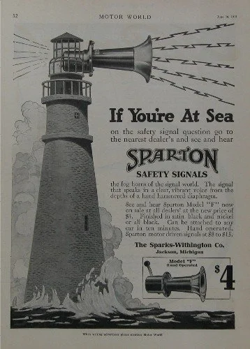 Vintage newspaper advertisement for Spartan safety signals, featuring a lighthouse emitting signal waves and a spotlight. Headline: 'If You’re At Sea', with details about safety signal questions and a Spark-White flashlight available for $4.