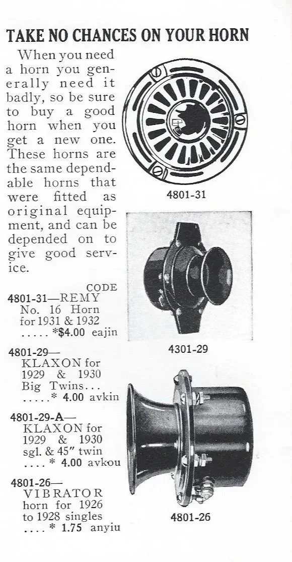A page with text and black-and-white illustrations of car horns. The text provides advice on purchasing car horns and lists different models with their descriptions and prices.