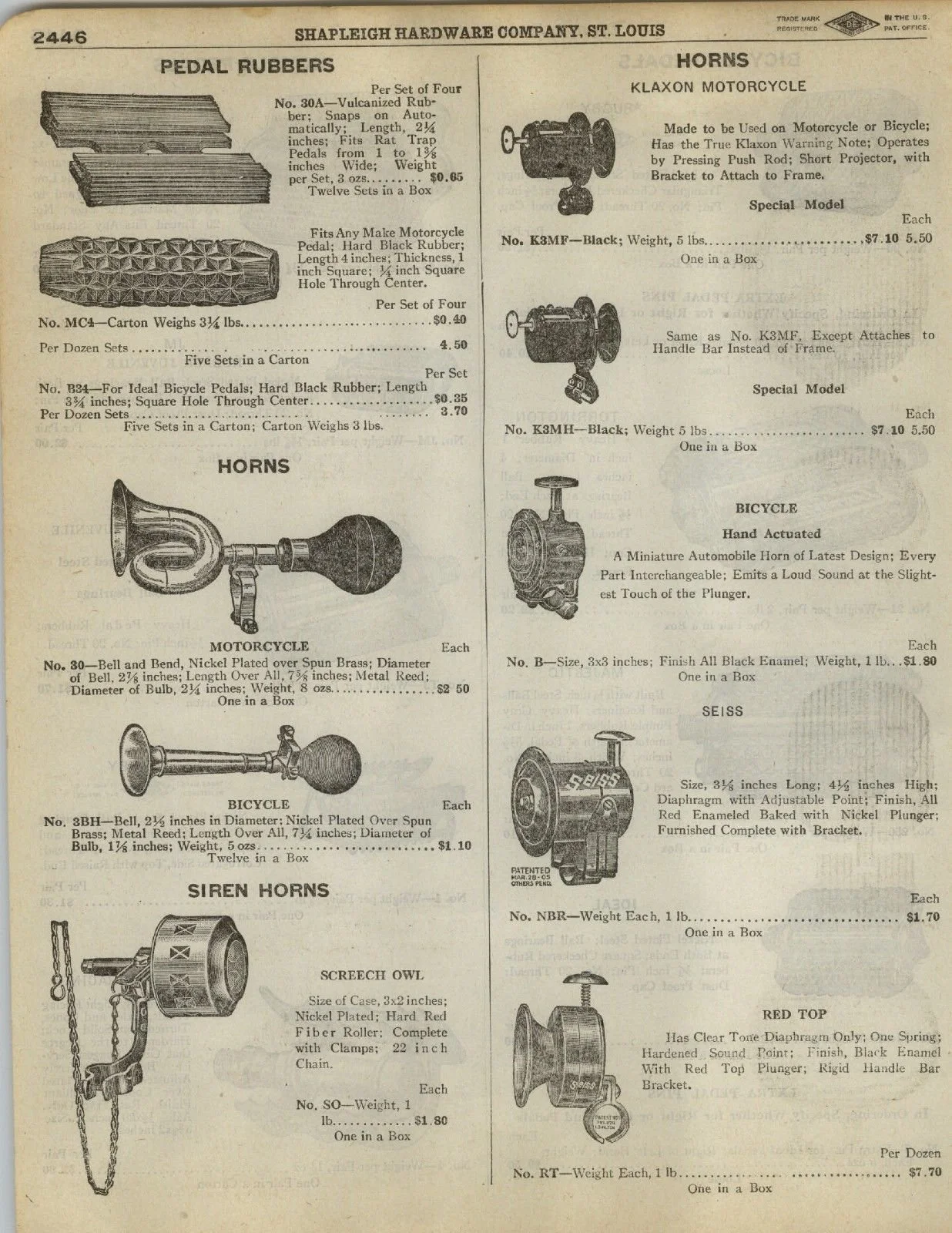 Page from a catalog listing motorcycle parts including pedal rubbers, horns, siren horns, bicycle horn, bicycle, and motorcycle horn accessories.