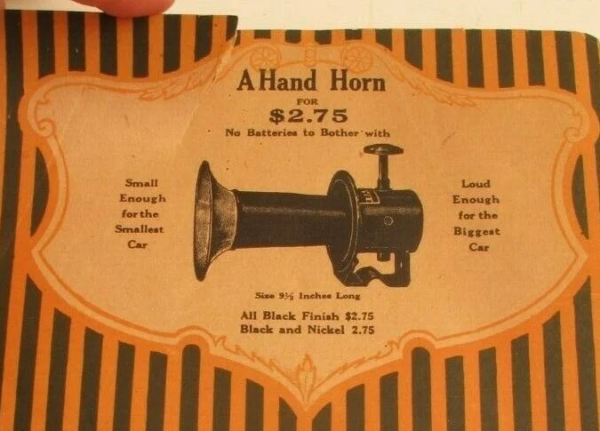 Vintage toy hand horn with black finish, 9 3/4 inches long, priced at $2.75, no batteries needed, marketed for toy cars, with descriptive text about size and sound volume.