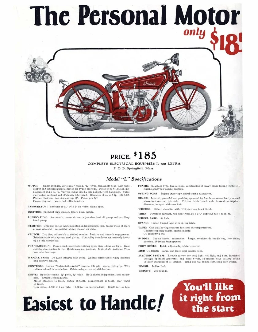 Vintage advertisement for a red Indian motorcycle called The Personal Motor, priced at $185, with specifications and features listed.