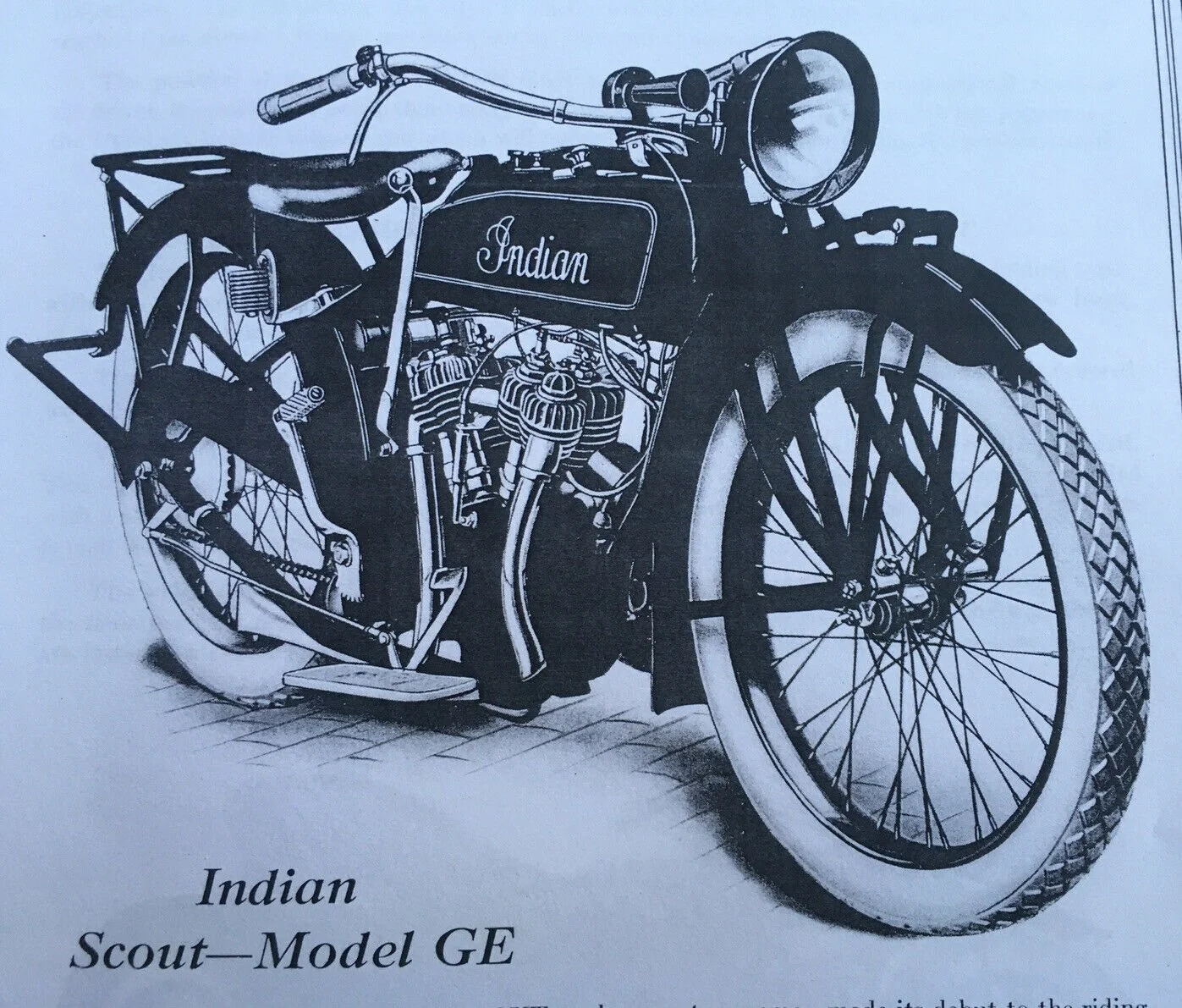 A black and white vintage Indian Scout Model GE motorcycle illustration, showing detailed parts like the engine, front wheel, and headlight.