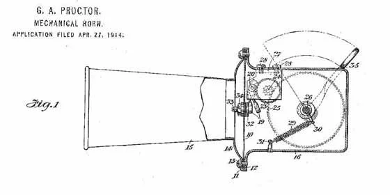 Technical diagram of a mechanical device, with labeled parts, filed as a patent application on April 27, 1914.