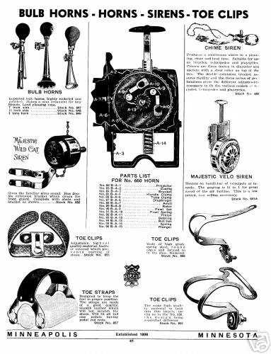 A vintage technical diagram showing different types of horn, siren, toe clips, and related parts with labels and descriptions.