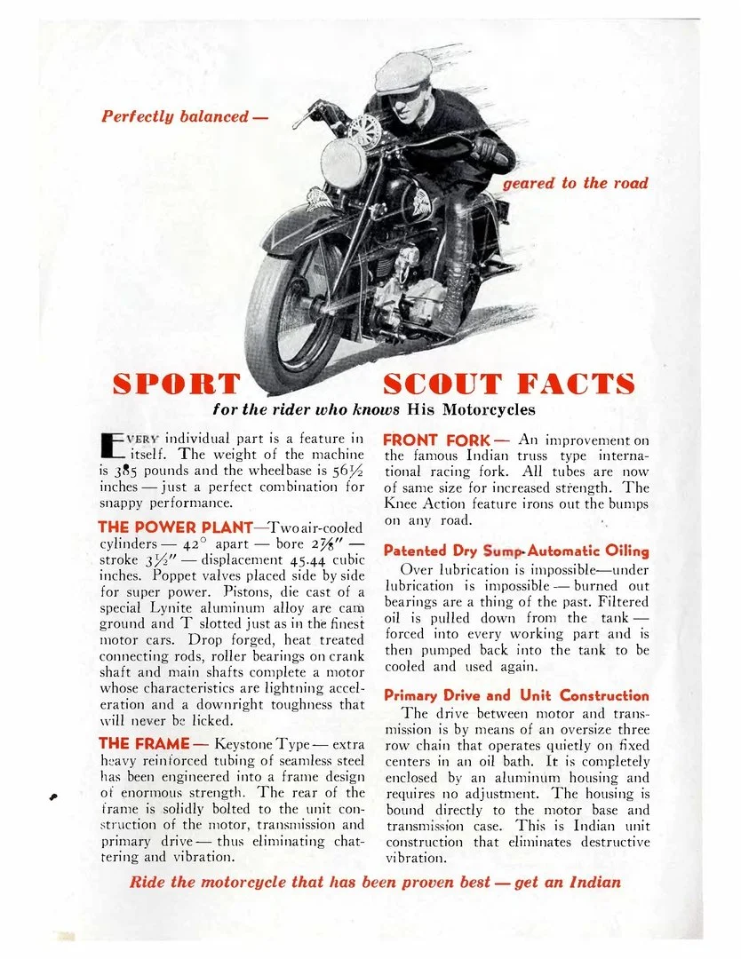 Black and white advertisement of a motorcycle rider wearing a helmet, with the text highlighting features such as "Perfectly balanced" and "geared to the road."