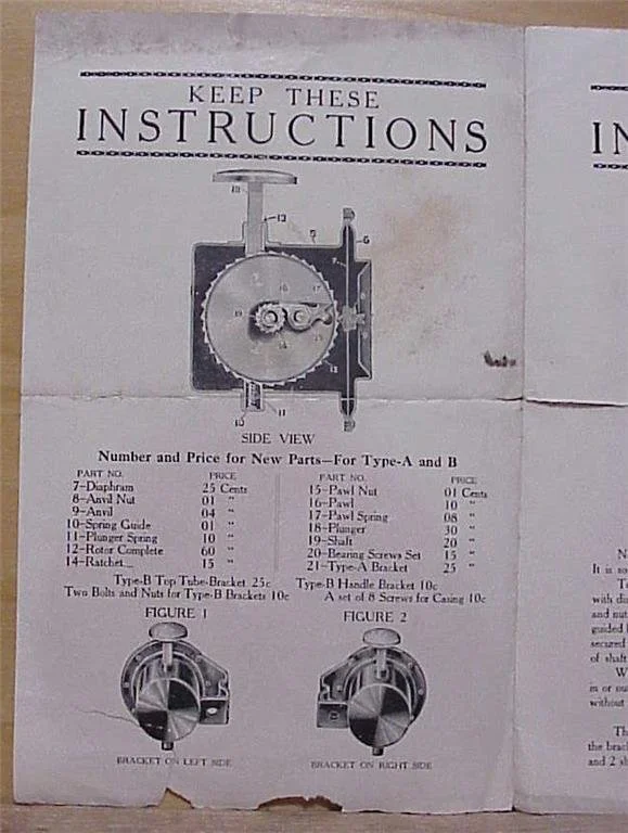 Instruction sheet for a mechanical device, showing a side view diagram and parts list with prices, and illustrations of a type-B bracket for different sides.