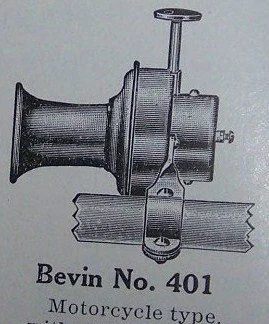A mechanical device labeled 'Bevin No. 401 Motorcycle type,' consisting of a cylindrical component, a mounting bracket, and a vertical adjustment screw.