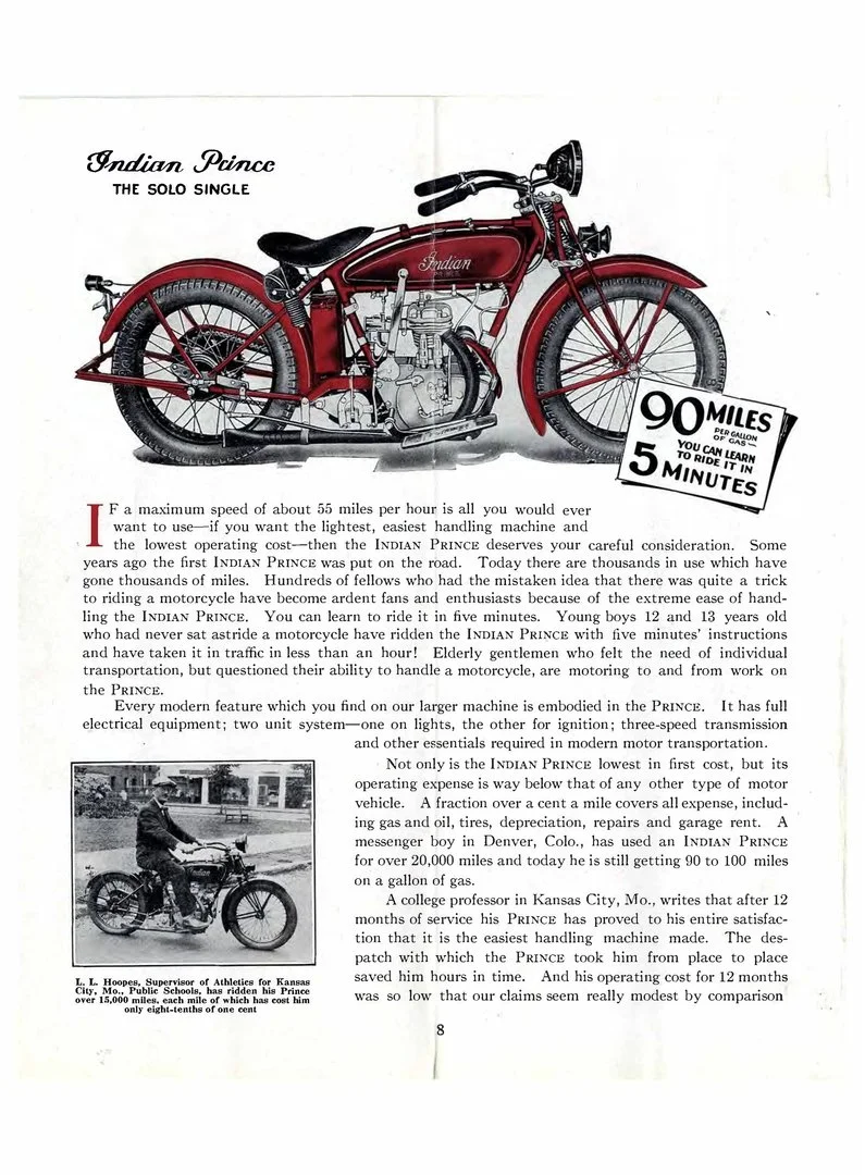 A vintage illustration of an Indian Prince motorcycle with promotional text highlighting its features and low operating costs.