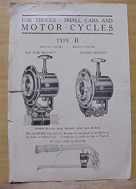 Black and white vintage advertisement for motor-cycles, showing two different types labeled as Type B, with specifications for size and weight, and illustrations of the top tube bracket and handle bracket.