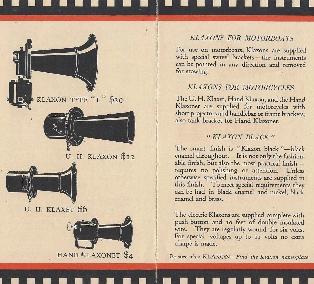 Vintage advertisement page displaying models of Klaxons, horn-like devices, with prices listed as $20, $12, $6, and $4, along with descriptive text about their uses and finishes.