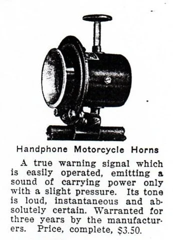 Black and white illustration of a device labeled 'Handphone Motorcycle Horns' with a description about its function as a warning signal emitting sound and carrying power for three years, priced at $3.50.