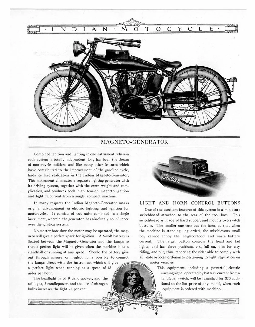 Black and white vintage illustration of an Indian motorcycle with detailed description of a Magneto-Generator and light and horn control system, including a small inset portrait of a pilot with a motorcycle handlebar and an electric warning signal.