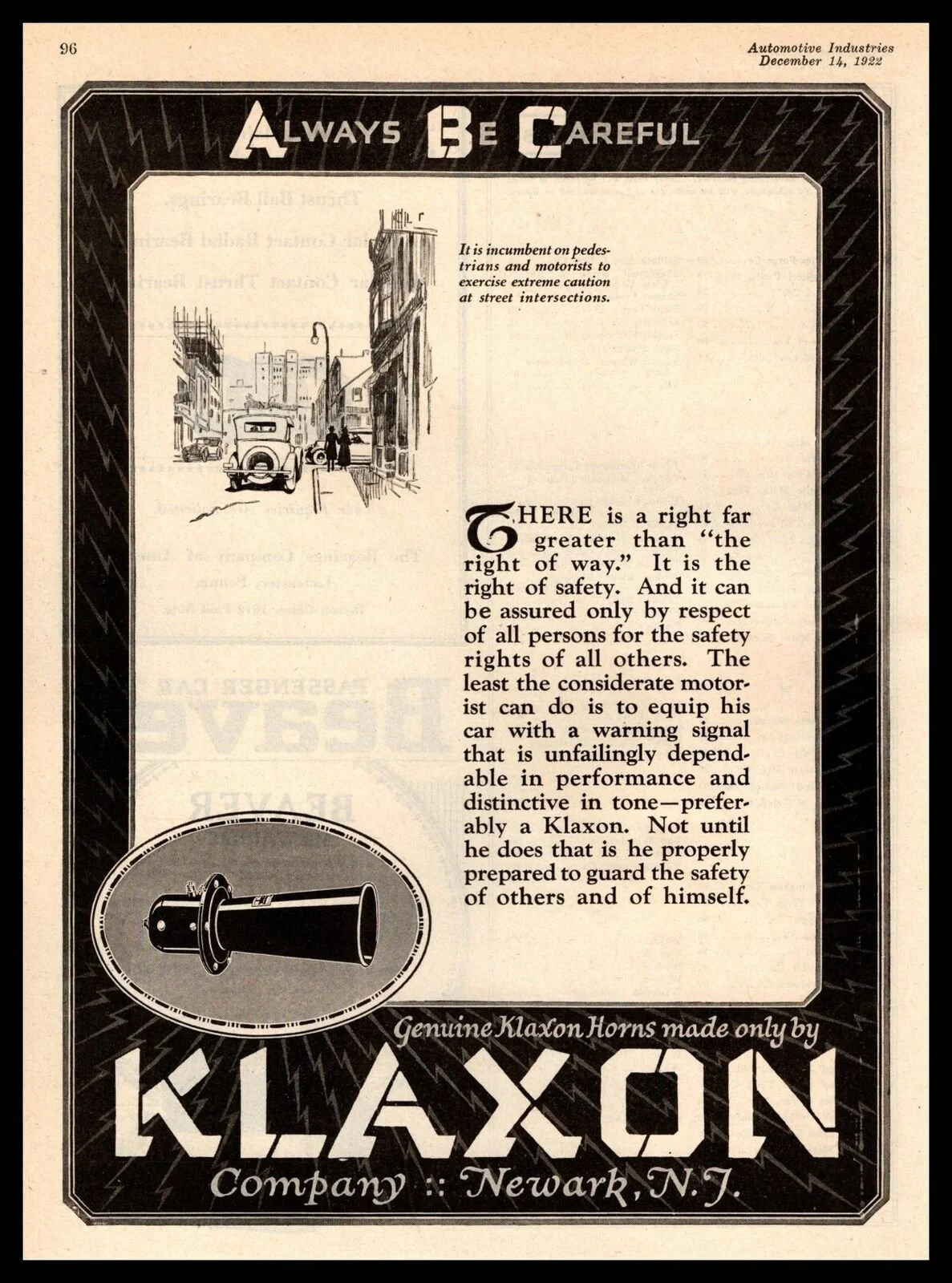 A vintage safety advertisement from 1922 for Klaxon horns, featuring an illustration of a city street and a close-up illustration of a Klaxon horn, with text emphasizing safety and the importance of a warning signal.