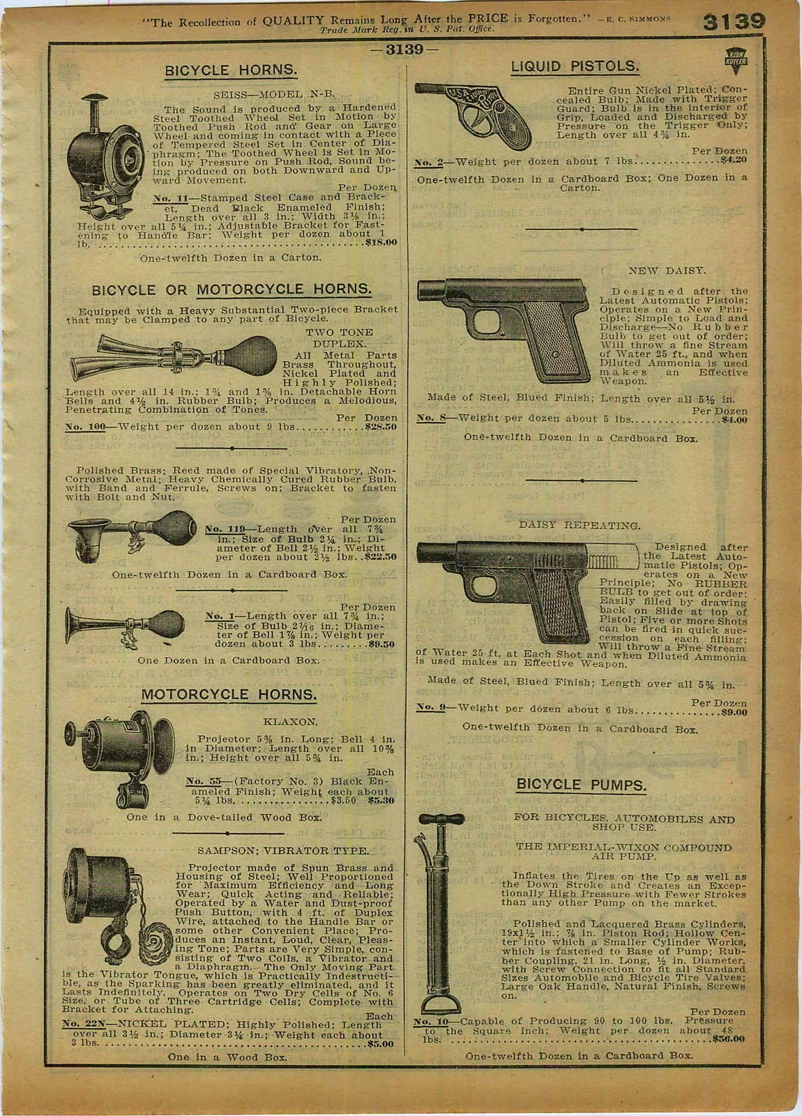 Vintage advertisement page for bicycle horns, motorcycle horns, bicycle pumps, and a liquid pistol. Descriptions of each item include details about design, materials, and prices.
