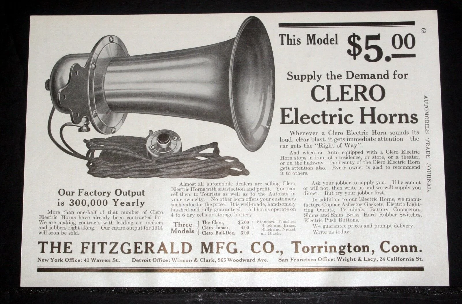 A vintage black-and-white advertisement for a Clark Electric Horn, priced at five dollars, from The Fitzgerald Manufacturing Company. The ad describes the product's features, benefits, and various models available, and includes the company's location