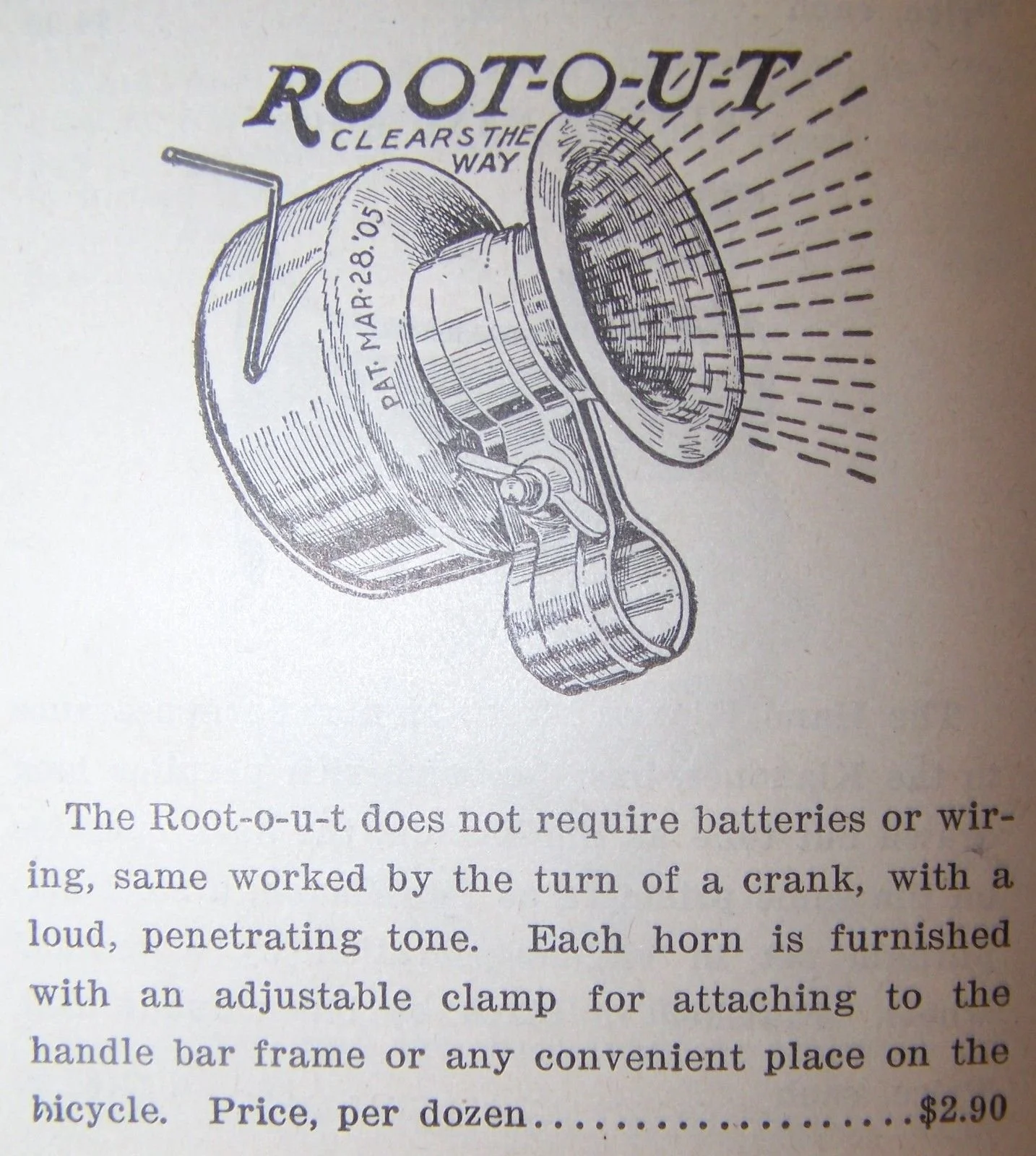 A black-and-white illustration of a vintage horn with a clamp and mounting bracket, with text reading 'ROOT-O-U-T' and 'CLEARS THE WAY'.
