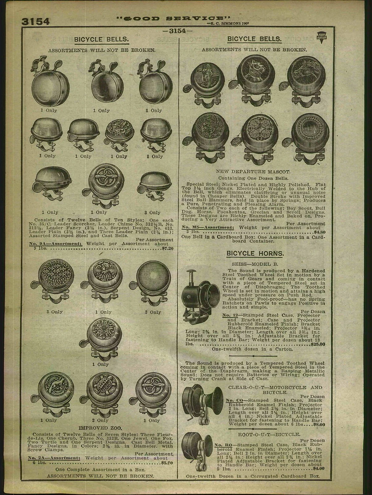 Vintage catalog page displaying various styles of bicycle bells, bicycle horns, and mascot bells, with detailed descriptions and prices.