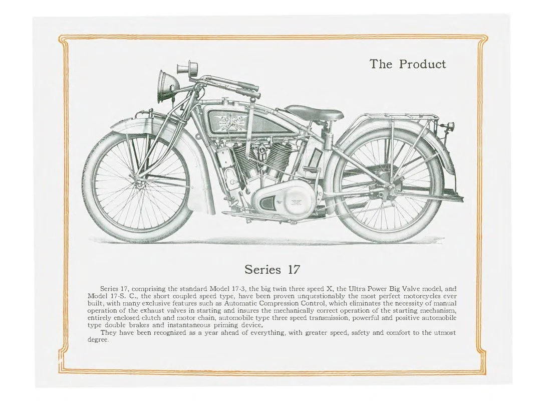 Vintage motorcycle illustration with description of Series 17 model, highlighting its features and technological advancements.
