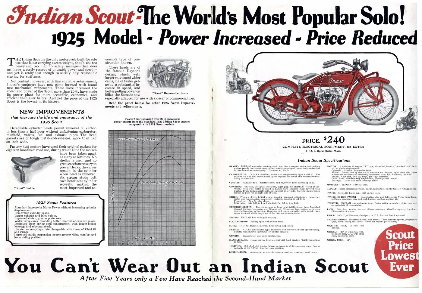 A vintage advertisement for the Indian Scout motorcycle, highlighting its features, price, and specifications from 1925, with a detailed drawing of the red motorcycle and images of the motorcycle in action.
