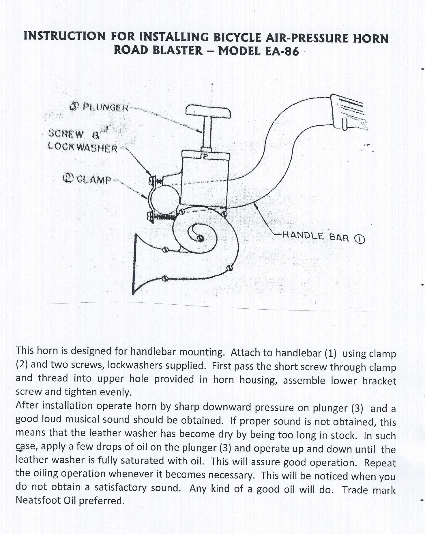 Instruction manual for installing a bicycle air-pressure horn road blaster model EA-86, including diagram of horn assembly with handle bar, plunger, screw, lockwasher, clamp, and hose.