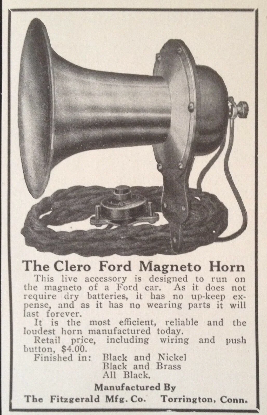 An advertisement for the Clero Ford Magneto Horn, a live accessory designed to run on a Ford car's magneto. The horn is shown in black and nickel, with a coiled cord and a push button you can hold in your hand.
