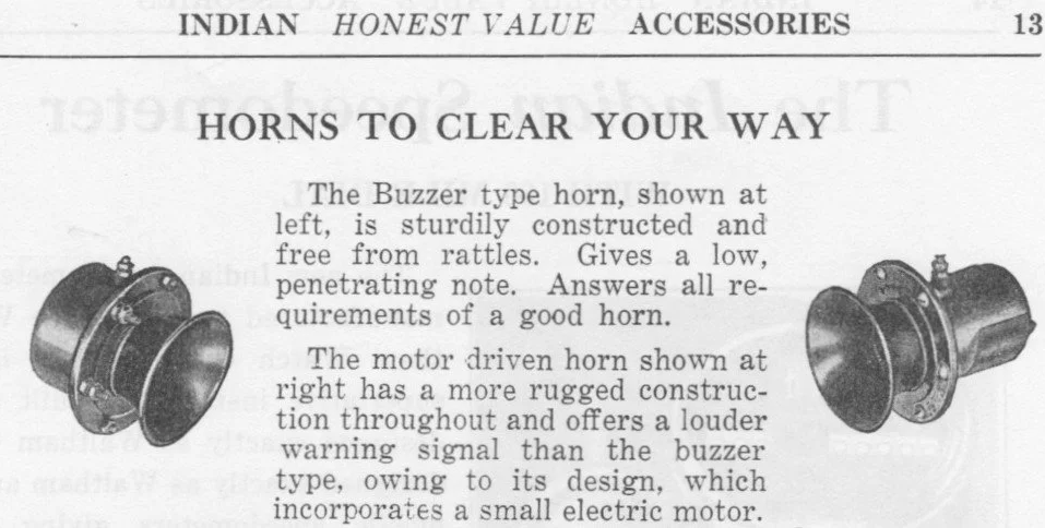 Page from a vintage manual describing different types of horns, including a buzzer type horn and a motor-driven horn, with illustrations of each.