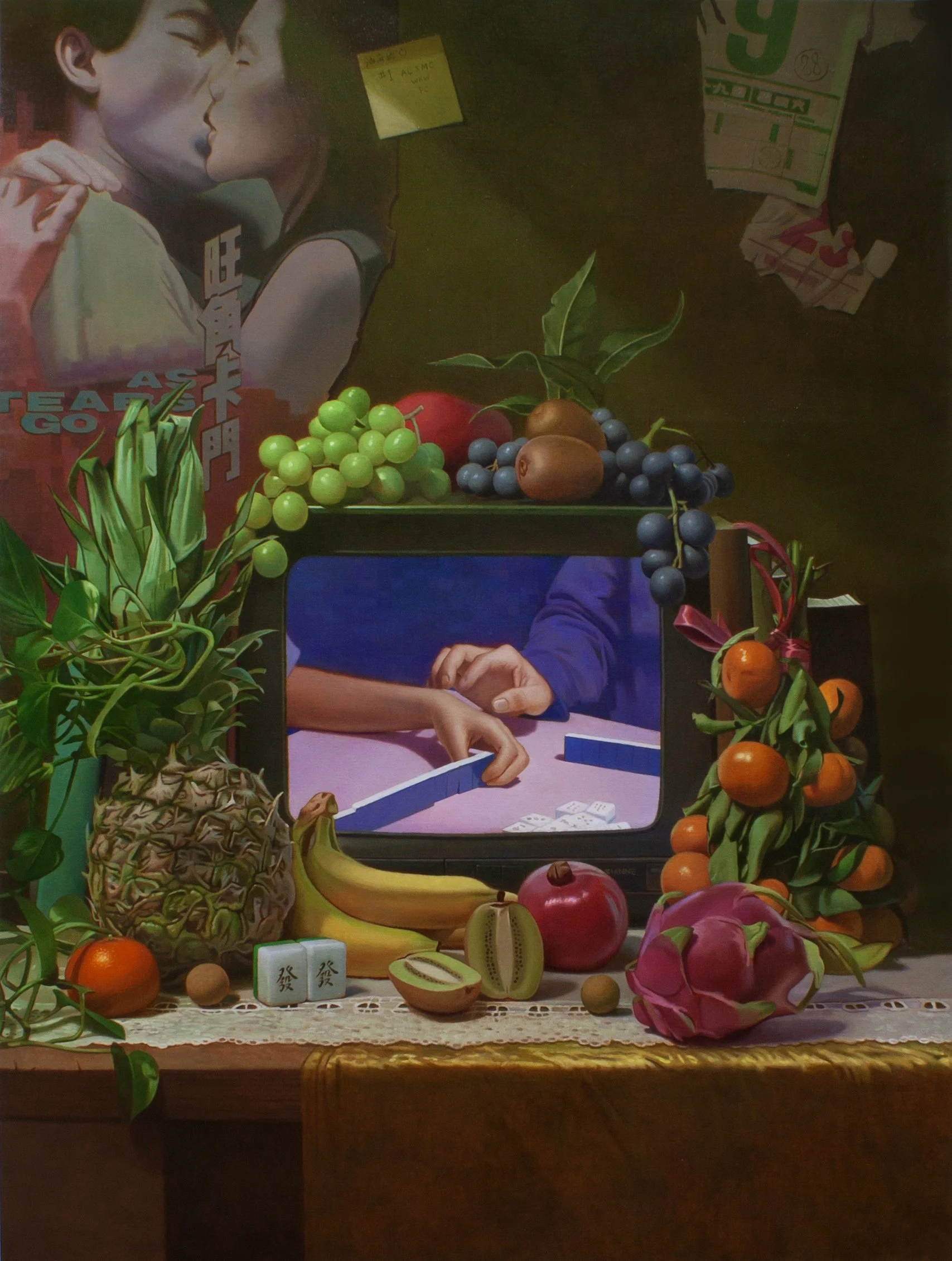 An arrangement of various fruits surrounding a small vintage television on a table, reflecting two people playing a game, with a poster of a woman kissing in the background.