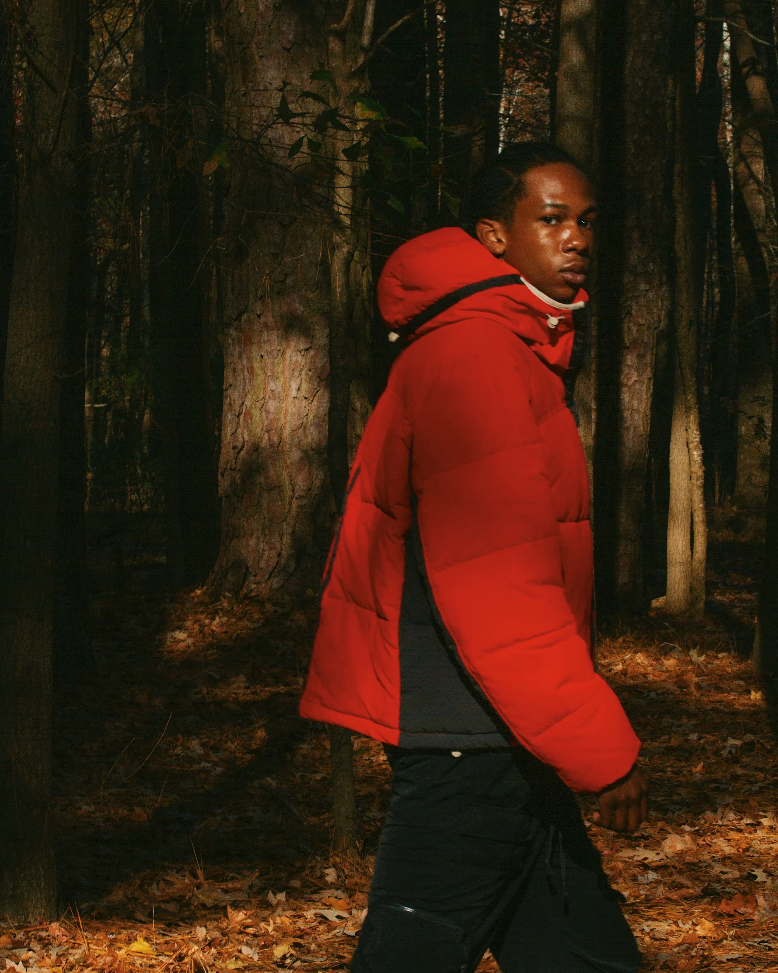 A person in a red jacket walking in a forest during autumn, surrounded by trees and fallen leaves.