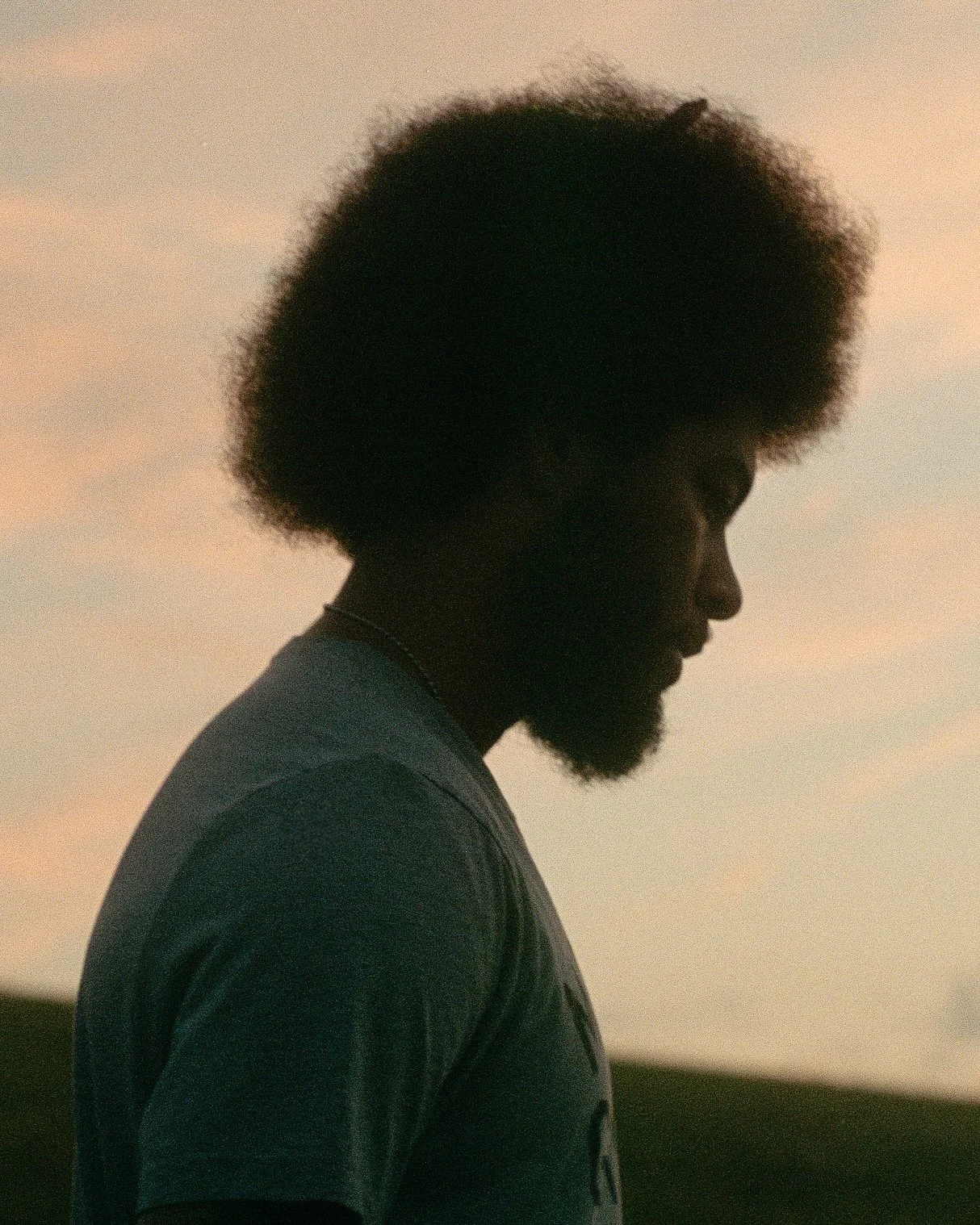 Silhouette of a man with an afro hairstyle and a beard, wearing a t-shirt, against a sunset sky.