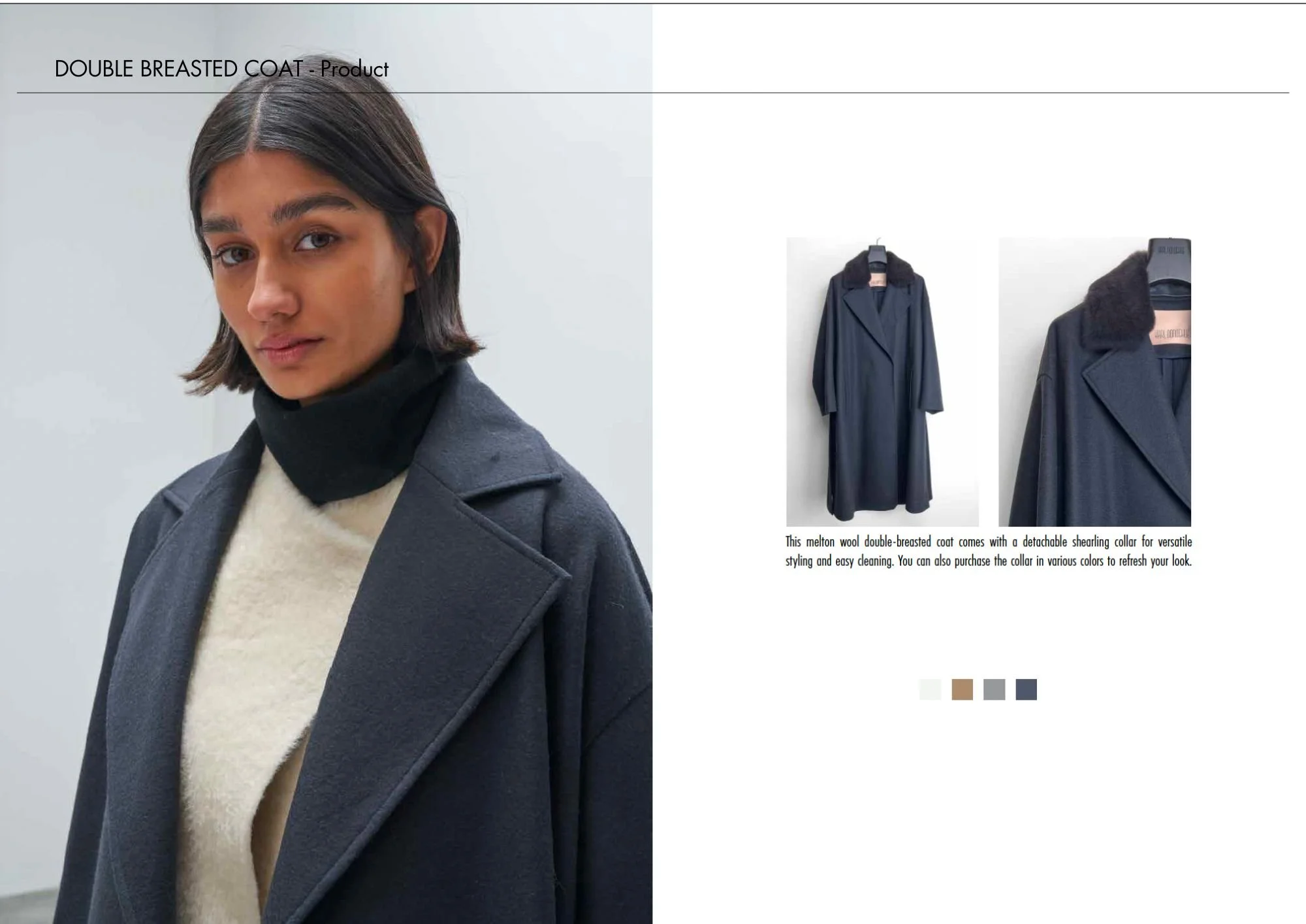 Photo of a woman with short, dark hair wearing a dark wool double-breasted coat with a detachable shearling collar. The coat is shown in two views, front and close-up, in a display with color options below. The text describes the coat as versatile an