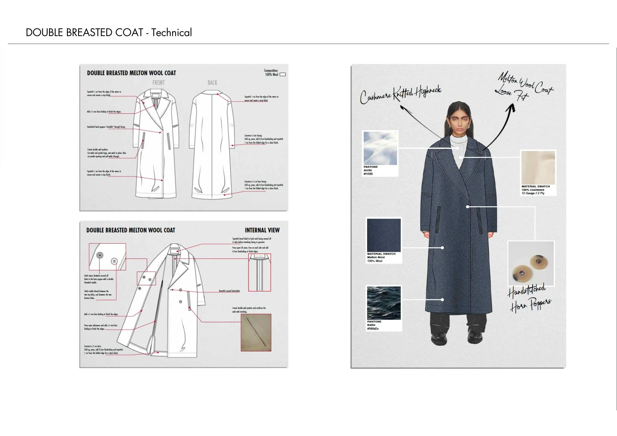 Technical diagram of a double-breasted melton wool coat with front and back views, including detailed construction instructions and material swatches. The right side features a person wearing a similar coat with notes on fabric and fit, images of fab