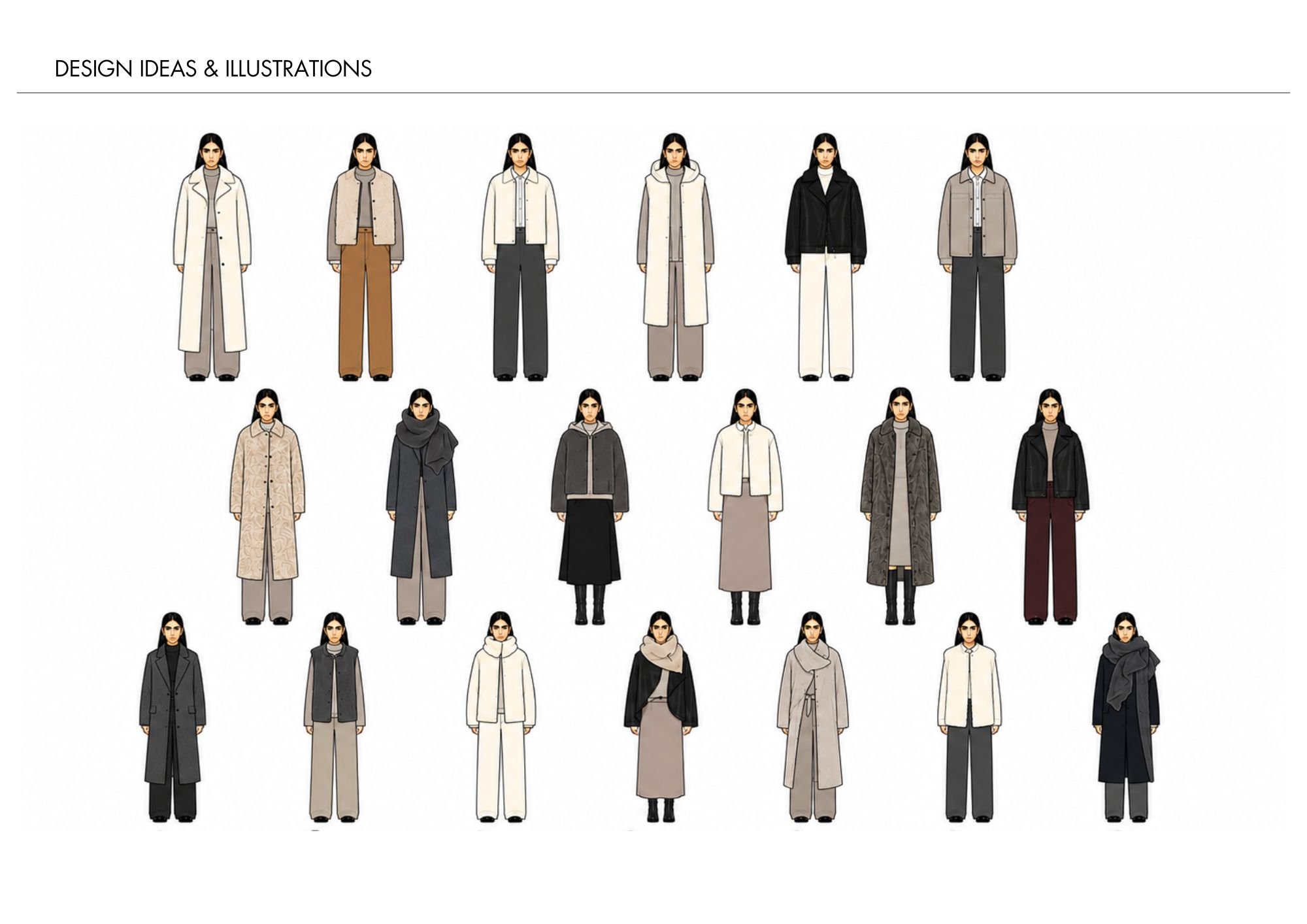 Fashion illustration showing a variety of winter and fall coats and outfits on models arranged in rows.