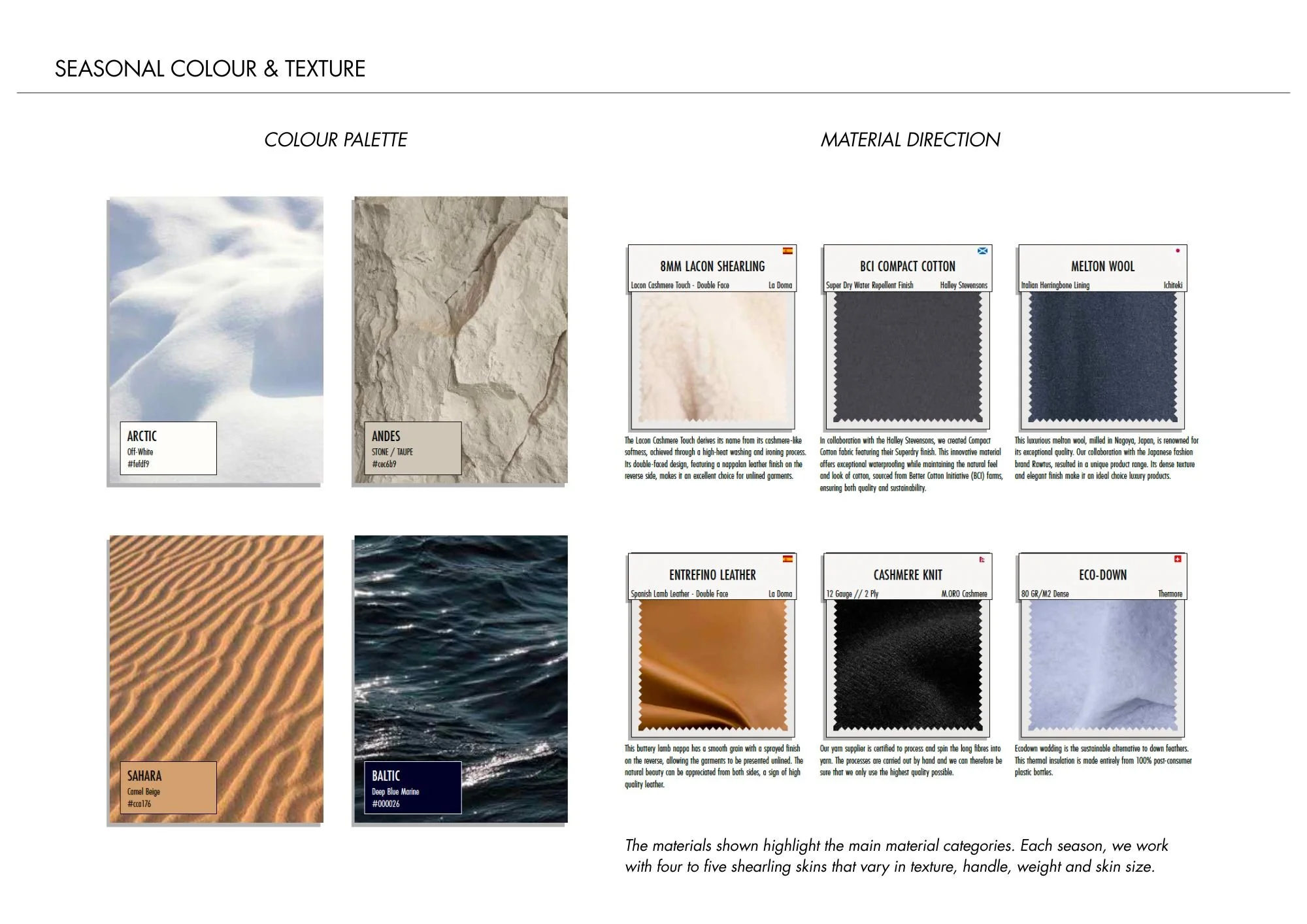A page from a material catalog showing different fabric textures and colors for seasonal color and texture themes, including Arctic, Andes, Sahara, and Baltic.