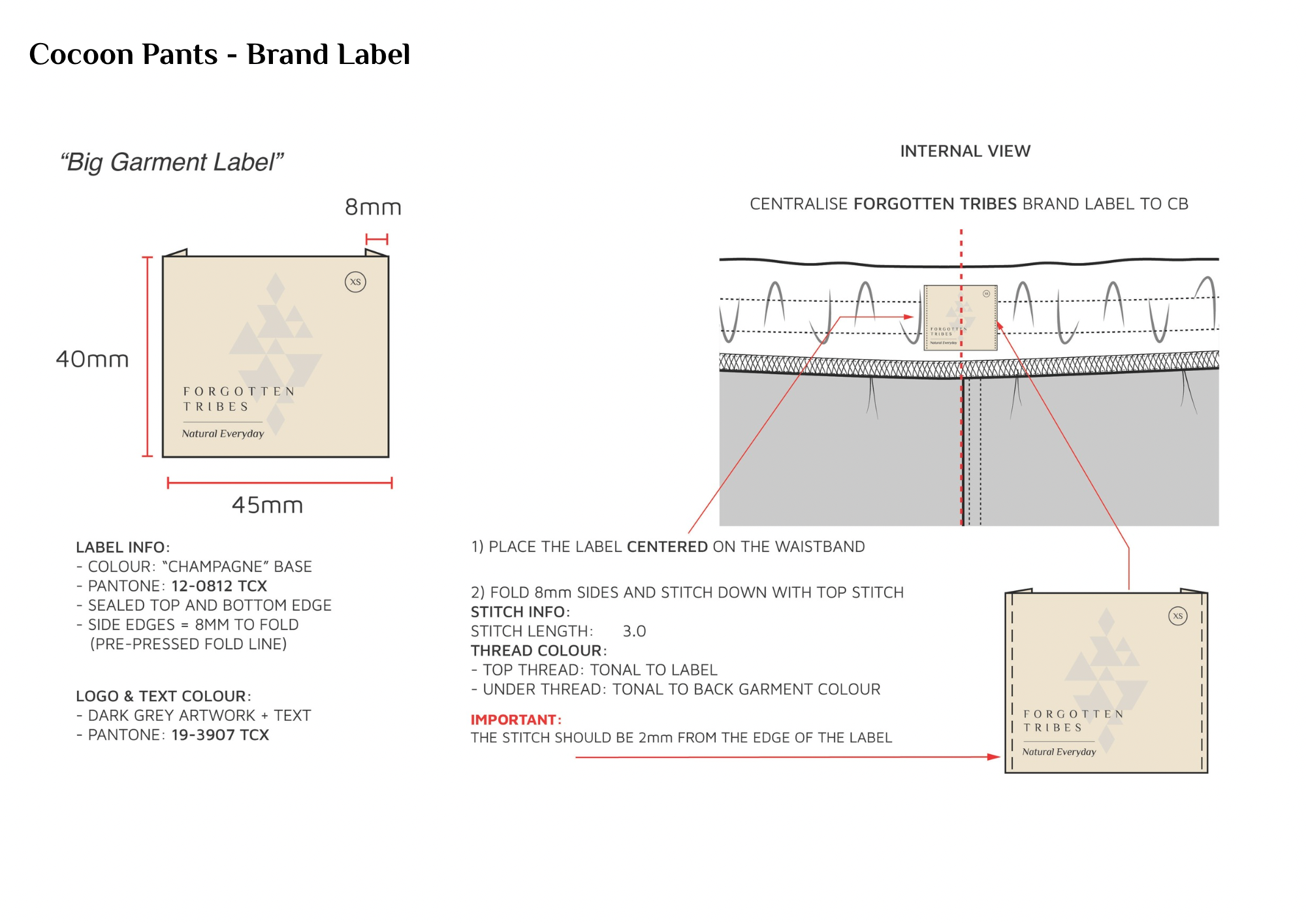 Detailed sewing or label-making instructions for a garment label with measurements, color specifications, and sewing guidelines.